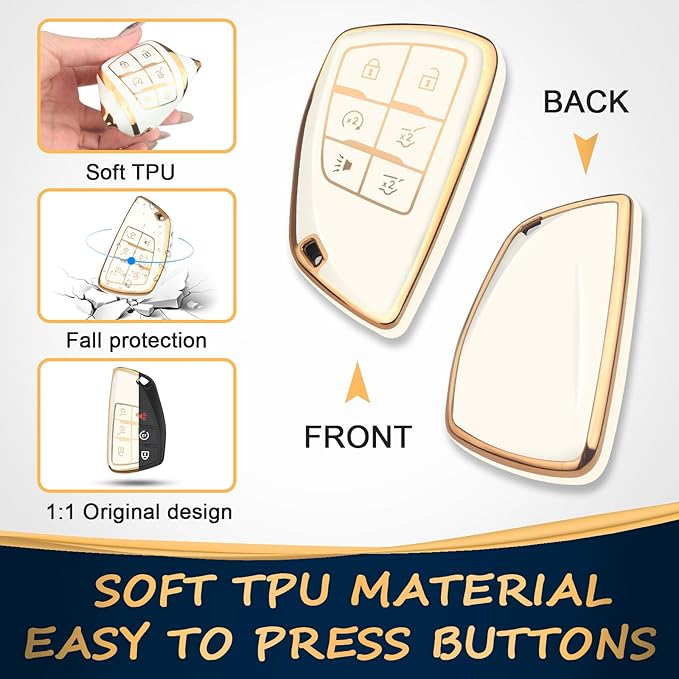 QBUC for Chevy Key Fob Cover with Keychain Soft TPU Protection Case Compatible with 2021-2026 Chevy Tahoe Suburban GMC Yukon Denali Silverado 6-Buttons(Gold Trim Ivory)