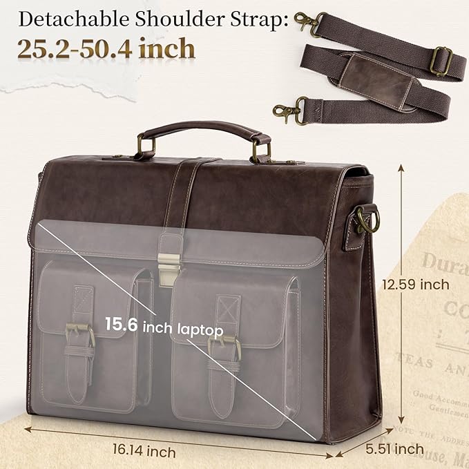 RAINSMORE Mens Messenger Bag 15.6 Inch Leather Vintage Laptop Briefcase Waterproof Computer Laptop Bag Leather Satchel Bag Large Shoulder Bag for Office Work Travel College, Coffee