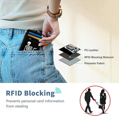 Lanyard Wallet with Id Badge Holder, Skeleton RFID Small Keychain Wallet Women Wristlet, Funny Zipper Credit Card Holder Phone Wrist Neck Strap for Key Name Tag, Teacher Student Office Gifts