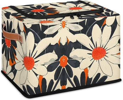 Orange Flowers Storage Bins With Zipper Lid, Collapsible Trunk Organizer, Car Organizers and Storage Bins with Lids, Decorative Storage Boxes with Handle, Home Storage Baskets for Organizing