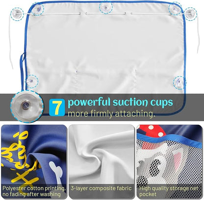 DIZA100 2 Pack Car Window Shade for Baby, Blackout Car Sun Shades with Storage Pockets, 7 Suction Cups, Blue, Cute Patterns for Sun/Heat/UV Rays Protection, Standard Passenger Cars