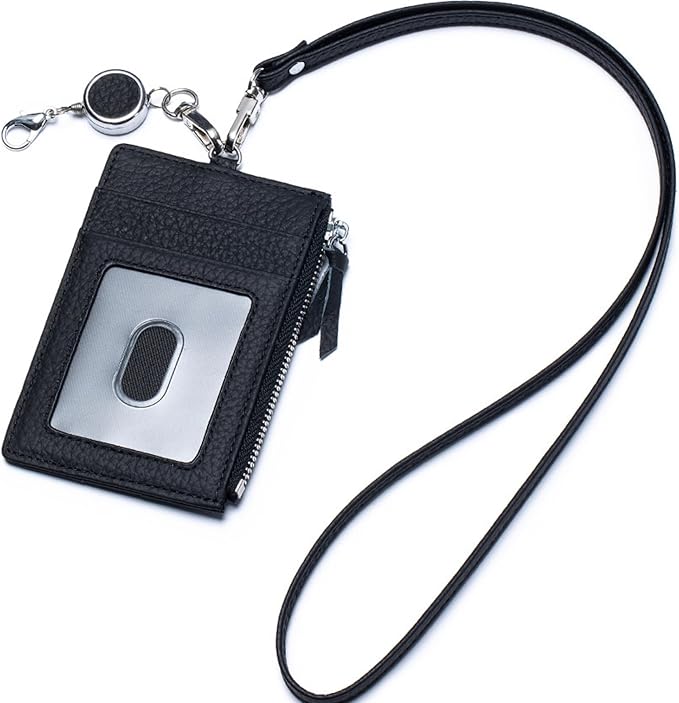 2-in-1 Leather ID Badge Holder with Wallet for Work, Multifunction ID Case with Credit Card Slots & Cash Coin Pocket, Slim Wallet with Lanyard for Women Men Nurse Teacher (Black)