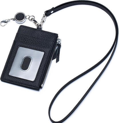 2-in-1 Leather ID Badge Holder with Wallet for Work, Multifunction ID Case with Credit Card Slots & Cash Coin Pocket, Slim Wallet with Lanyard for Women Men Nurse Teacher (Black)