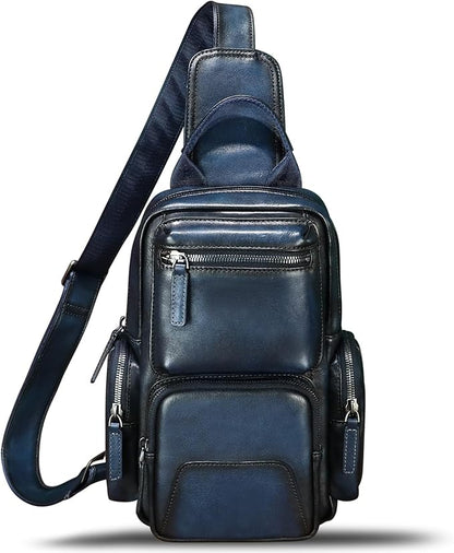 IVTG Genuine Leather Sling Bag Crossbody Casual Hiking Daypack Vintage Handmade Chest Bag Shoulder Backpack Motorcycle Pack (Blue)