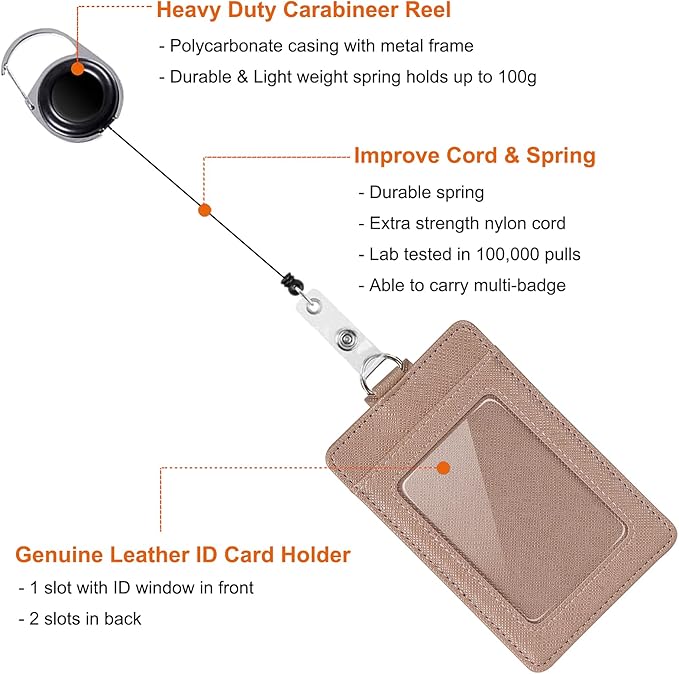 Life-Mate Badge Holder - Leather ID Badge Card Holder Wallet Case with 3 Cards Slot and Neck Lanyard/Strap. Additional Retractable Badge Reel with Belt Clip (Rose Gold)