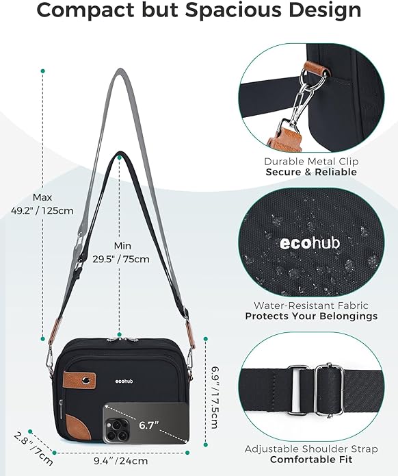 ECOHUB Crossbody Bag for Women Men, Multi Pocket Anti-Theft Travel Purse with RFID Blocking, Oxford PU Shoulder Bag