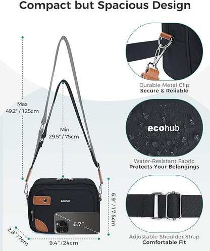 ECOHUB Crossbody Bag for Women Men, Multi Pocket Anti-Theft Travel Purse with RFID Blocking, Oxford PU Shoulder Bag