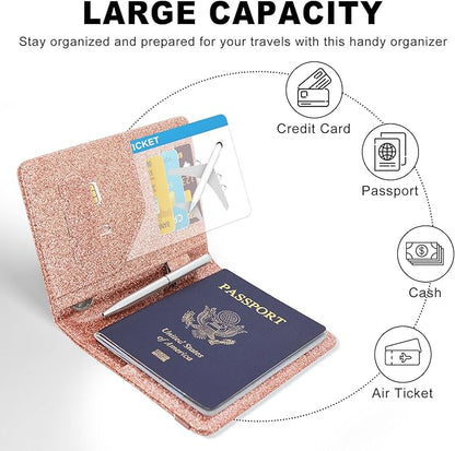 ACdream RFID BLOCKING Passport Holder Travel Wallet, Premium PU Leather Cover Passport Book with Card Holder, Pen Holder, Keep Organization, and Travel Essentials for Women and Men, Glitter Rose
