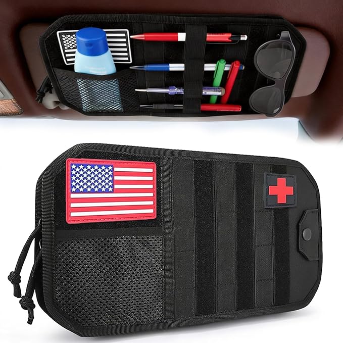 Car Visor Organizer with 3pcs Velcro Patches, Multi-Pocket Sun Visor Organizer with Zipper Storage Pouch & Adjustable Straps, Semi-Rigid Panel Storage Accessories for Truck, SUV, Most Cars (Black)