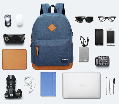 Laptop Backpack with Leather Decoration, USB Charging Port, Classic Backpack for College, Work, Travel(18 Inches/Navy)