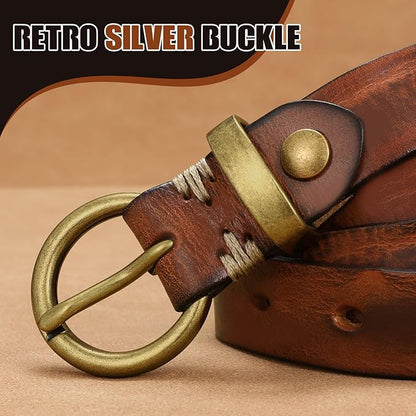 SANSTHS Womens Genuine Leather Belts for Jeans Pants Trendy Vintage Thin Leather Belt Gold Buckle Ladies Skinny Waist Belt
