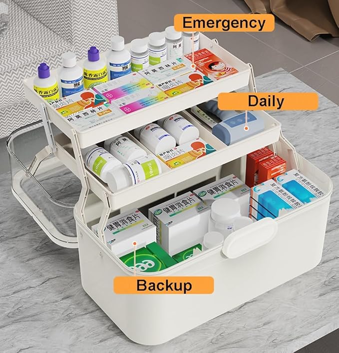 3-Tier 12 x 9 x 7 Medicine Organizer, Medicine Cabinet Organizer with Portable Pill Case, Multipurpose Plastic Box for Storage Empty First Aid Box