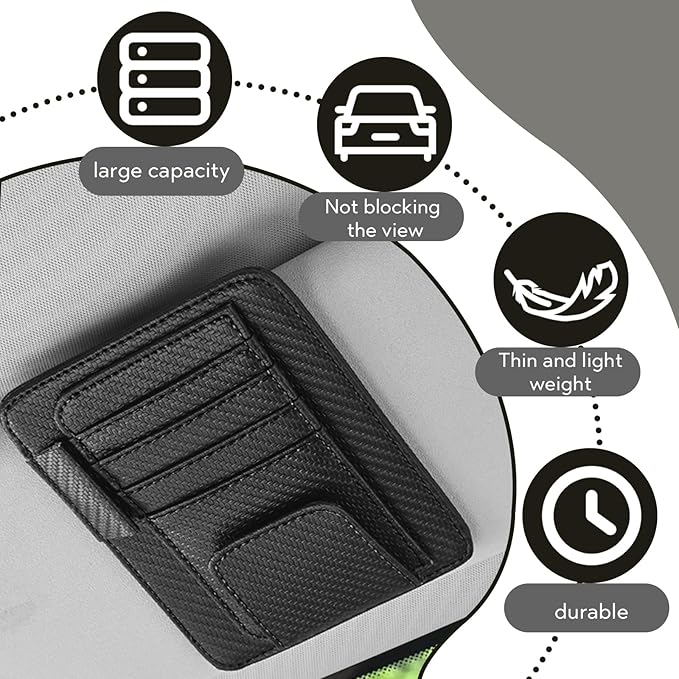 Car Sun Visor Organizer, Multifunctional Auto Visor Document Holder with Sunglasses Clip, Universal Car Interior Accessories Organizer for Drving License, Card, Pen (Carbon Fiber Black)