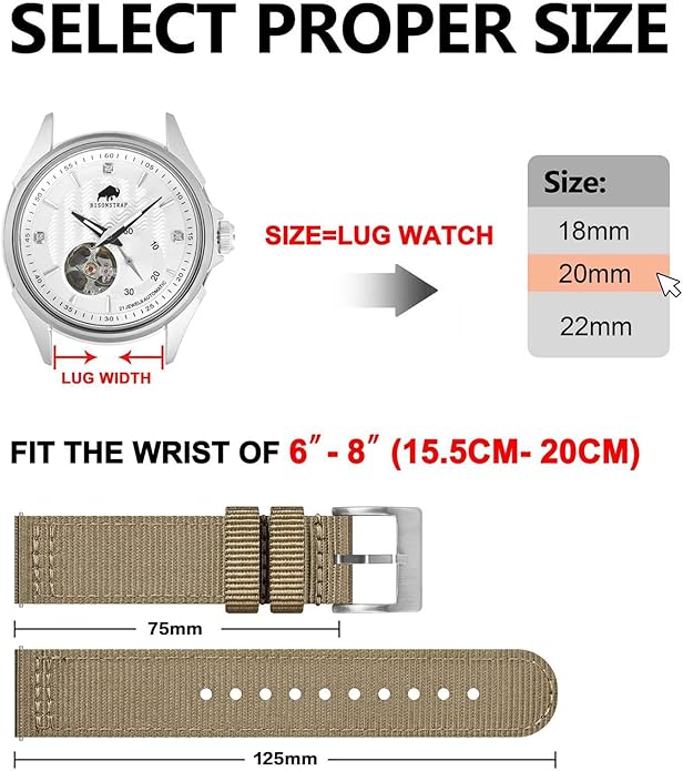 BISONSTRAP Men’s Nylon Watch Bands, Two-Piece Military Watch Straps, Quick Release, Brushed Buckle, Band Width 18mm 19mm 20mm 22mm
