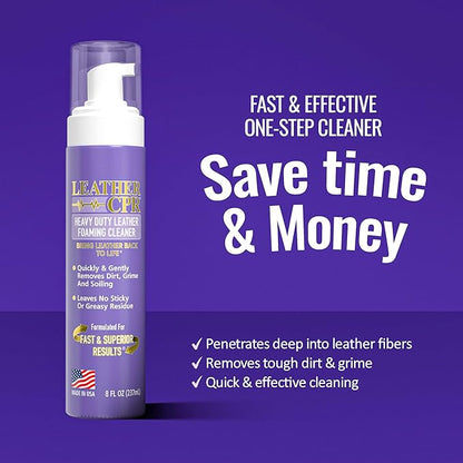 Leather CPR Heavy Duty Leather Foaming Cleaner - 8 oz (2 Pack) - Car Interior Cleaner For Heavy Dirt & Grime, Heavily Soiled Furniture Leather Cleaner For Couch, Car Seat, Purses, Shoes, Boots, & More