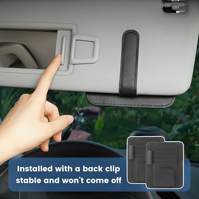 PU Leather Sun Visor Organizer, Car Visor Sunglasses Holder with Card and Pen Pockets, Universal Sunvisor Organizer for Car Truck SUV, Interior Accessories Storage (2PCS)