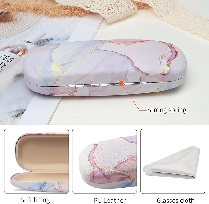 Glasses Case Hard Shell, Leather Protective Case for Sunglasses with Cleaning Cloth, Cute Eyeglass Cases for Women