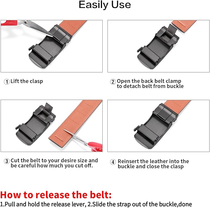 SENDEFN Men's Leather Belt - Automatic Ratchet Slide Buckle, Easy Trim-to-Fit Function, Packaged with Gift Box