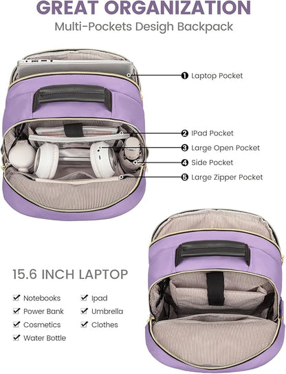 LOVEVOOK Laptop Backpack Purse for Women, Work Travel Computer Bags, College School Backpack for Student Girl, Quilted Casual Daypack with USB Port, Fit 15.6 Inch Laptop, Purple
