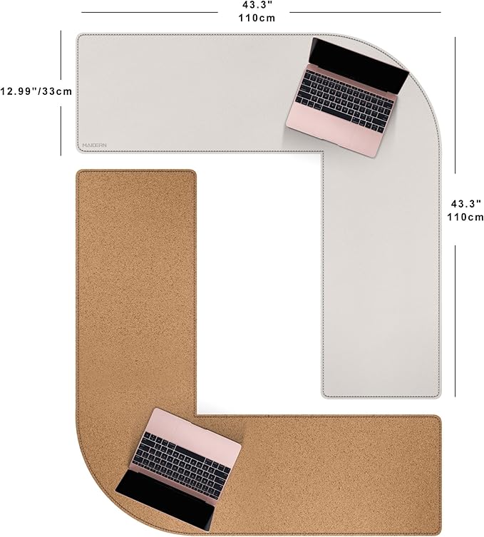 MAIDERN (43.3” + 43.3”) x 13” L Shaped Corner Desk Mat, Cork & Leather Dual Sided Desk Pad for Gaming Computer Office Home (Cream) …