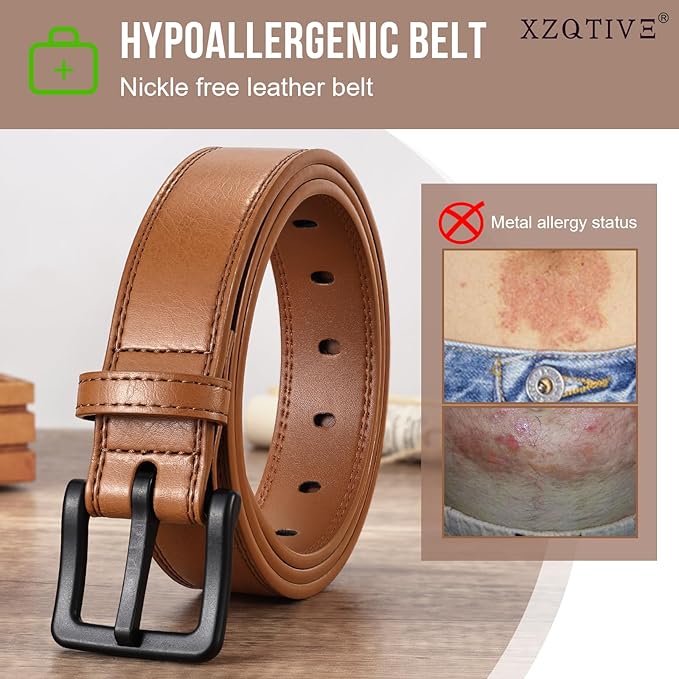 XZQTIVE Men’s Metal Free Belt Hypoallergenic Leather Belts For Jeans Dress Nickle Free TSA Belt With Black Buckle