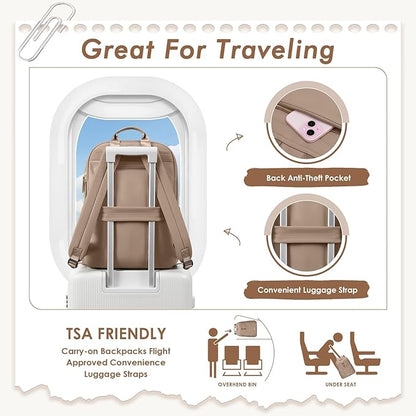 Laptop Backpack for Women,Casual Work Business Backpacks Purse Carry on Travel Backpack,14 Inch,Champagne Brown