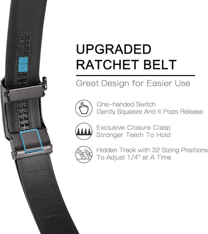 SENDEFN Men's Leather Belt Automatic Ratchet Buckle Slide Belt for Dress Casual Trim to Fit with Gift Box