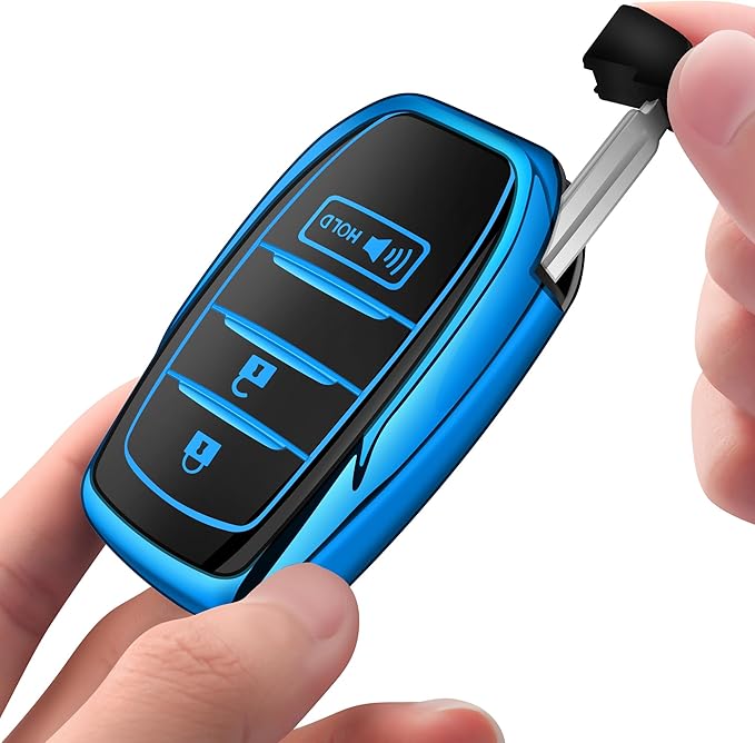 Sindeda for Toyota Key Fob Cover with Metal Keychain & Leather Strap for 2025-2026 Camry 4 Runner 2019-2026 Venza, Land Cruiser,2023-2026 Tacoma Grand Highlander,Corolla,bZ4X,3-Buttons(Blue)