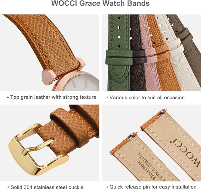 WOCCI 20mm Grace Leather Watch Band for Ladies, Top Grain Leather, Quick Release Replacement Strap with Gold Buckle (Apricot Tan)