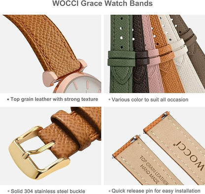 WOCCI 20mm Grace Leather Watch Band for Ladies, Top Grain Leather, Quick Release Replacement Strap with Gold Buckle (Apricot Tan)