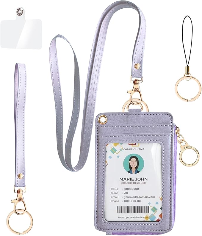 bolimoss 2-in-1 ID Badge Holder & Lanyard Wallet, Leather ID Name Badge with Side Zip Pocket for Teacher, Women Small Wallet with Removable Wristlet & Neck Lanyard, Clear Window, 5 Card Slots,Purple