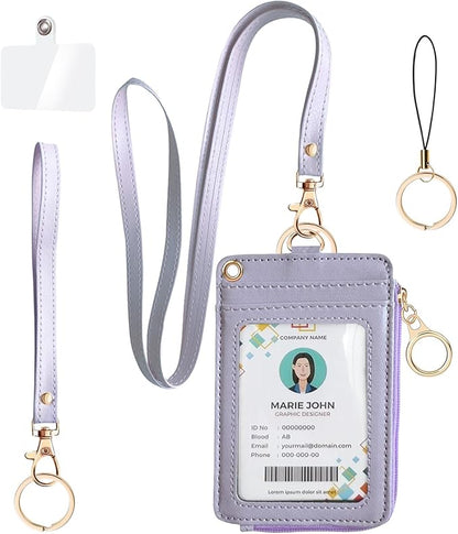 bolimoss 2-in-1 ID Badge Holder & Lanyard Wallet, Leather ID Name Badge with Side Zip Pocket for Teacher, Women Small Wallet with Removable Wristlet & Neck Lanyard, Clear Window, 5 Card Slots,Purple