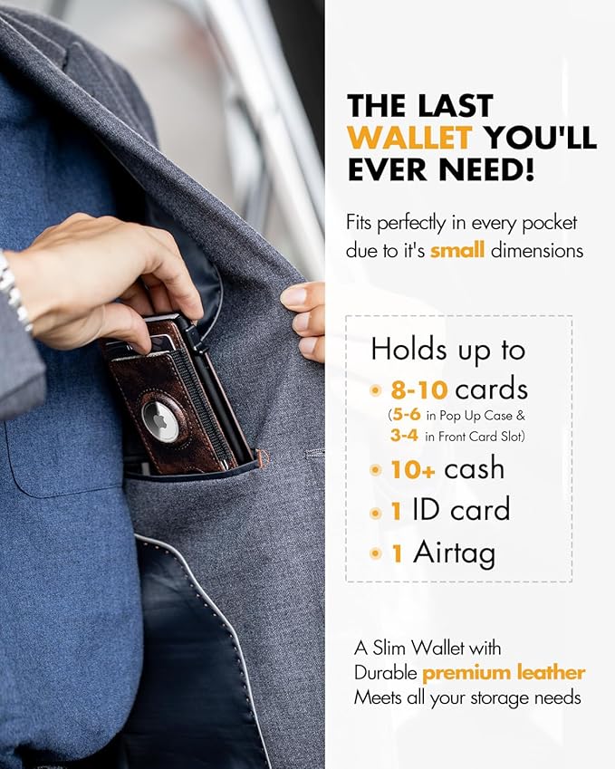 iwantit Slim Airtag Wallet for Men: Pop Up Bifold Wallet with Detachable Money Clip ID Window for Air Tag(1st & 2nd Generation) - RFID Blocking for 8-10 Cards Cash - Gift Box Included (Dark Brown)
