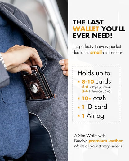 iwantit Slim Airtag Wallet for Men: Pop Up Bifold Wallet with Detachable Money Clip ID Window for Air Tag(1st & 2nd Generation) - RFID Blocking for 8-10 Cards Cash - Gift Box Included (Dark Brown)