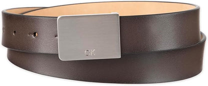 Calvin Klein Men's Plaque Buckle Belt - Casual Modern Style With Logo Detail for Jeans and Dress Pants