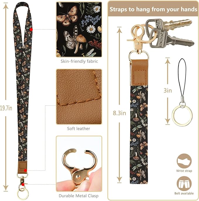 bolimoss Mushroom Lanyard for Id Badge, Cute Women Lanyard with Wallet,ID Badge Holder with Neck & Wristlet Lanyard, VintagePu Leather Zip Id Case Wallet with Removable Lanyard, Keychain Wallet