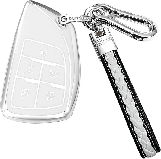 for Chevrolet Key fob Cover TPU Protective Key case,Compatible with 2023 2024 2025 GMC Silverado 1500 Sierra,2500HD 3500HD, Silicone ect Remote Smart Key (Silver White)
