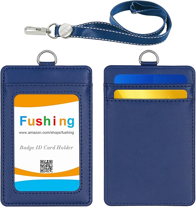 Fushing 2-Sided Leather ID Card Holder with Lanyard, Genuine Leather Badge Holder with 1 ID Window, 2 Card Slots, 1 Piece 18.7" PU Leather Detachable ID Lanyard with Swivel J Hook(Blue, Vertical)