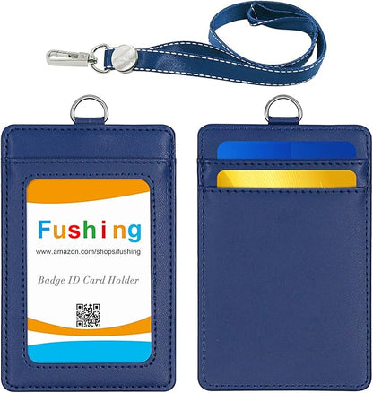 Fushing 2-Sided Leather ID Card Holder with Lanyard, Genuine Leather Badge Holder with 1 ID Window, 2 Card Slots, 1 Piece 18.7" PU Leather Detachable ID Lanyard with Swivel J Hook(Blue, Vertical)