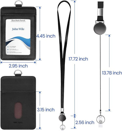 Genuine Leather ID Badge Holder with Retractable Lanyard, Retractable Badge Reel Nylon Lanyard and Vertical ID Card Holder with 1 Card Slot Key Chain for Men Women, Black