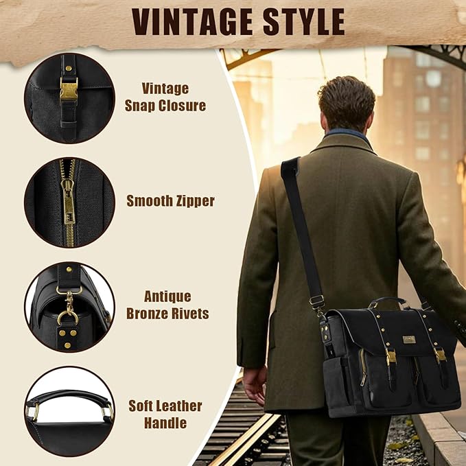MATEIN Vintage Messenger Bag for Women, 15.6 Inch Laptop Bag Large Canvas PU Leather Briefcase with USB Port, Water Resistant Computer Shoulder Satchel Crossbody for Work Commuting, Grey-Black