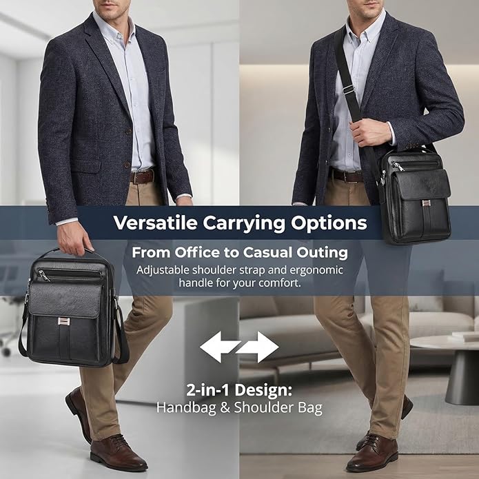 Men's Leather Crossbody Bag, Casual leather Bag for Men, Crossbody Bag Office Business,Handbag Purse Zipper