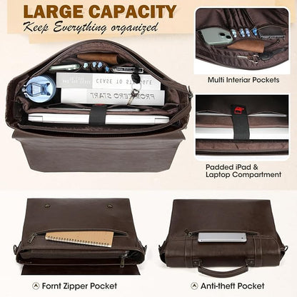 RAINSMORE Mens Messenger Bag 18 Inch Waterproof Vintage Leather Laptop Briefcase Large Laptop Bag Satchel Bag Computer Shoulder Bag for Office Business Travel College,Coffee