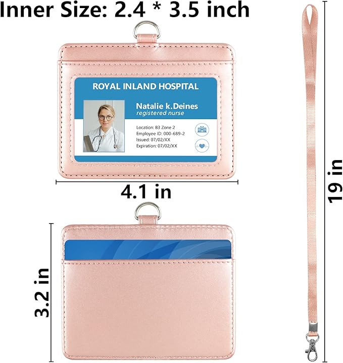 Teskyer Badge Holder with Lanyard, Leather ID Name Badge Card Holder with Lanyard for ID Badges, Horizontal Rose Gold