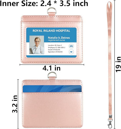 Teskyer Badge Holder with Lanyard, Leather ID Name Badge Card Holder with Lanyard for ID Badges, Horizontal Rose Gold