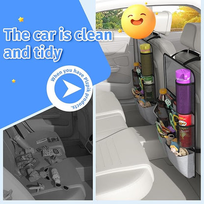 Plzpik Car Backseat Organizer with Tablet Holder,11 Storage Pockets with Foldable Food Tray, Protector Kick Mats for Kids, Travel Accessories Organizer (Gray, 2-Pack)