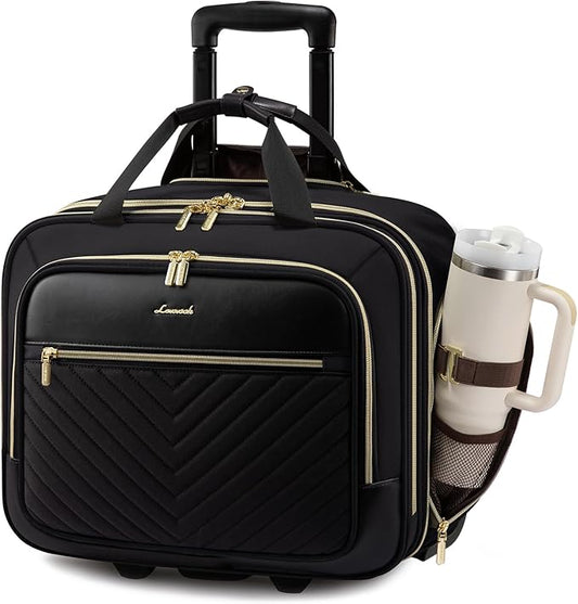 LOVEVOOK Rolling Laptop Bag Women, 17.3 Inch Laptop Briefcase with Wheels for Work Travel Business, Underseat Carry On Luggage Case,Black