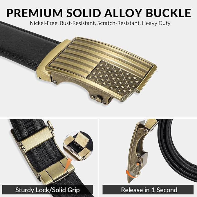 SANSTHS Mens Ratchet Belts Leather 1 3/8" for Men Dress and Casual, Adjustable Click Belts with American Flag Buckles