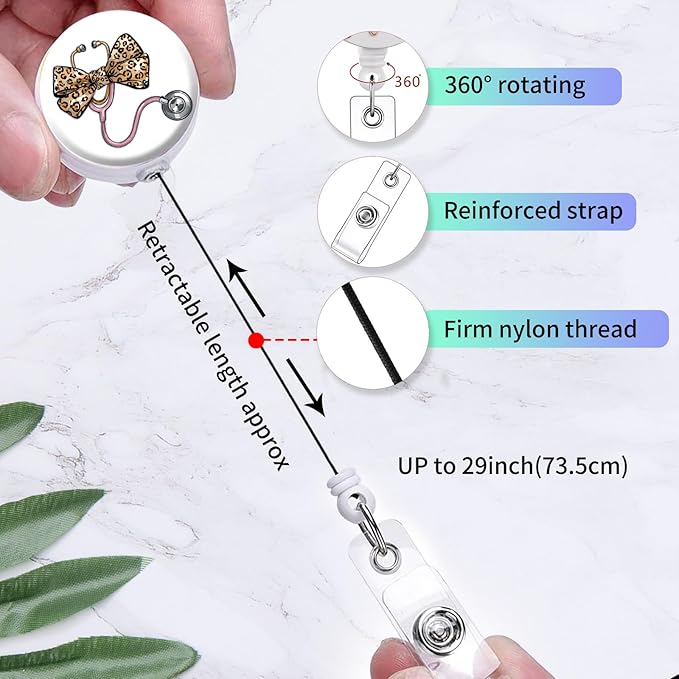 2 Pack Badge Reels Holder Retractable with ID Clip for Nurse Name Tag Card Nursing for Doctor Teacher Student Employee Office Medical Work (Stethoscope with a Leopard Bow)