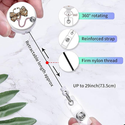 2 Pack Badge Reels Holder Retractable with ID Clip for Nurse Name Tag Card Nursing for Doctor Teacher Student Employee Office Medical Work (Stethoscope with a Leopard Bow)